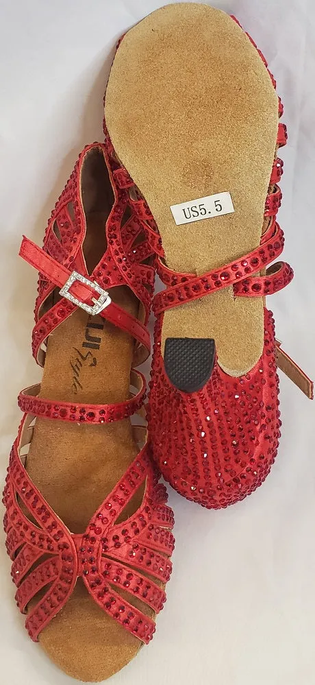 2.75" Abelia II -- Women's Latin Sandal -- Red Satin/Red Rhinestones