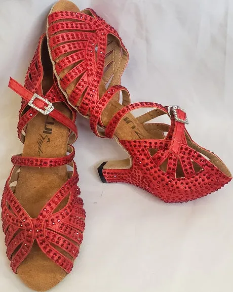 2.75" Abelia II -- Women's Latin Sandal -- Red Satin/Red Rhinestones