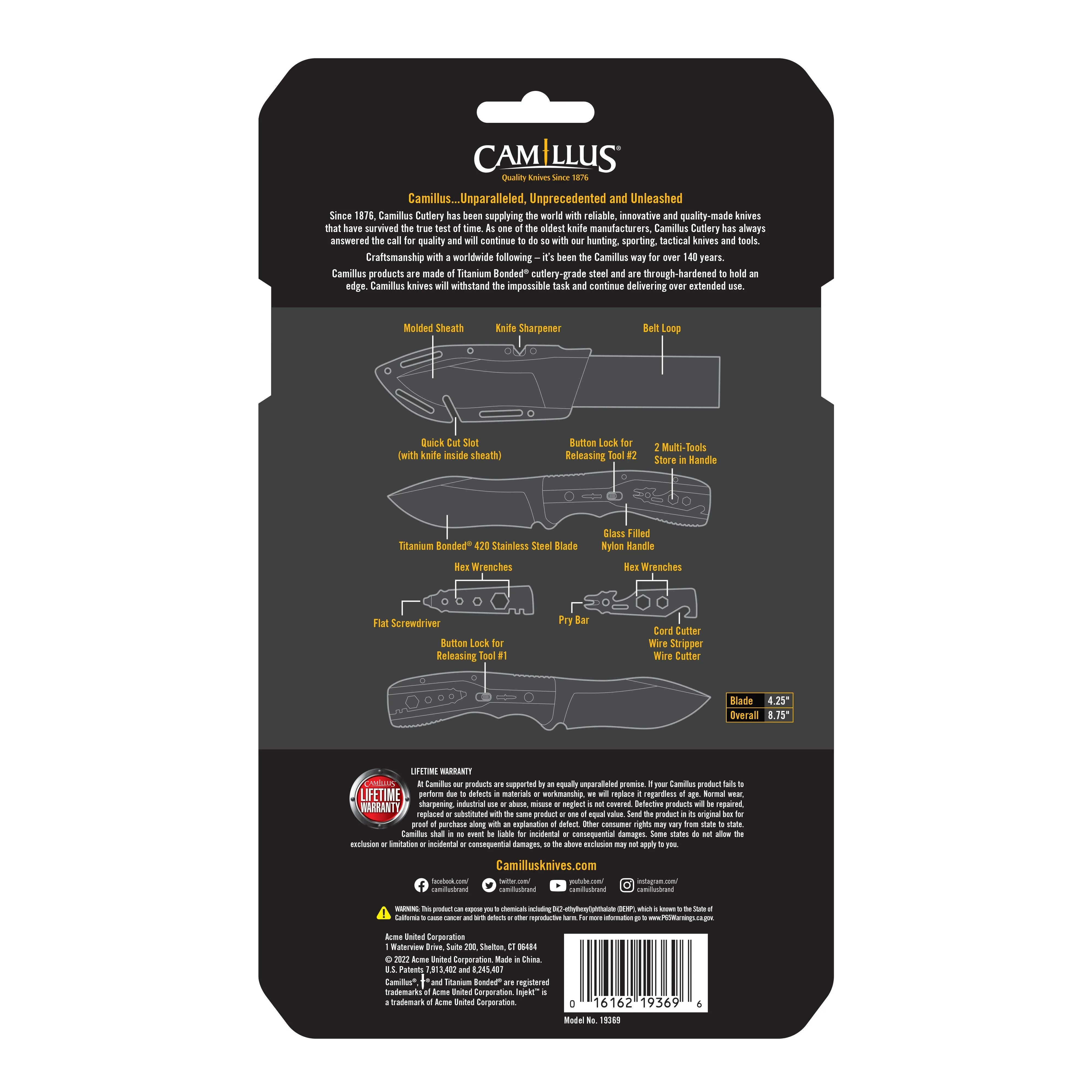 Camillus Injekt 9" Multi-Tool Survival Knife, Fixed 4.25" Blade with Sharpener and Sheath, Black