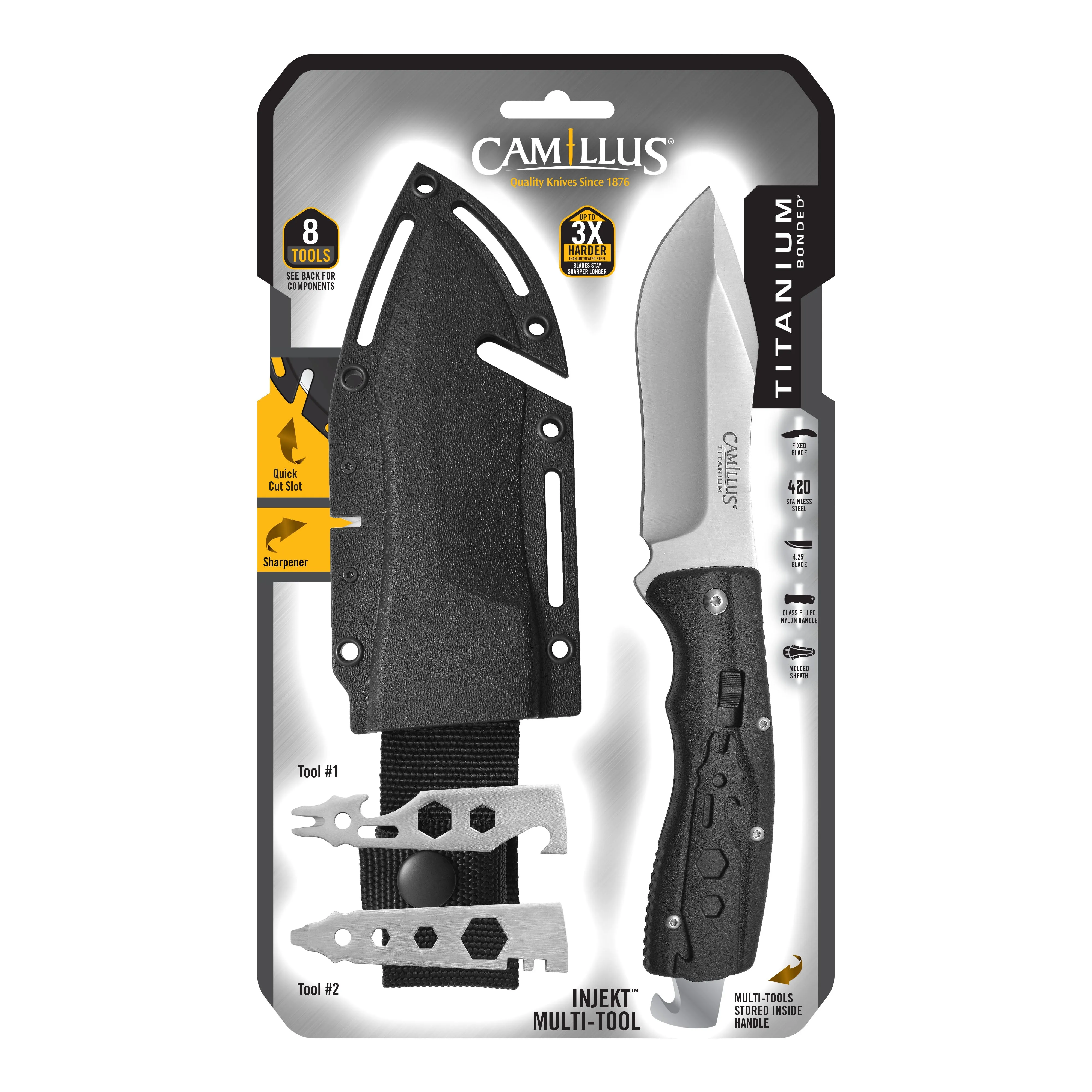 Camillus Injekt 9" Multi-Tool Survival Knife, Fixed 4.25" Blade with Sharpener and Sheath, Black