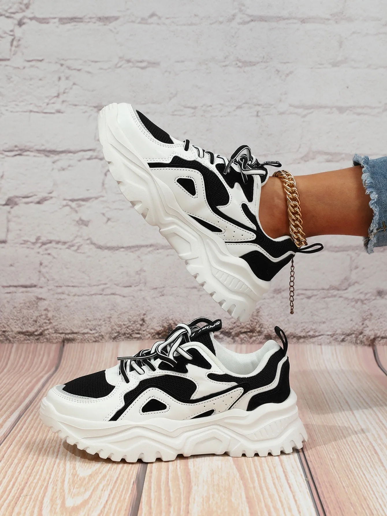 Color Block Lace-up Front Chunky Sneakers