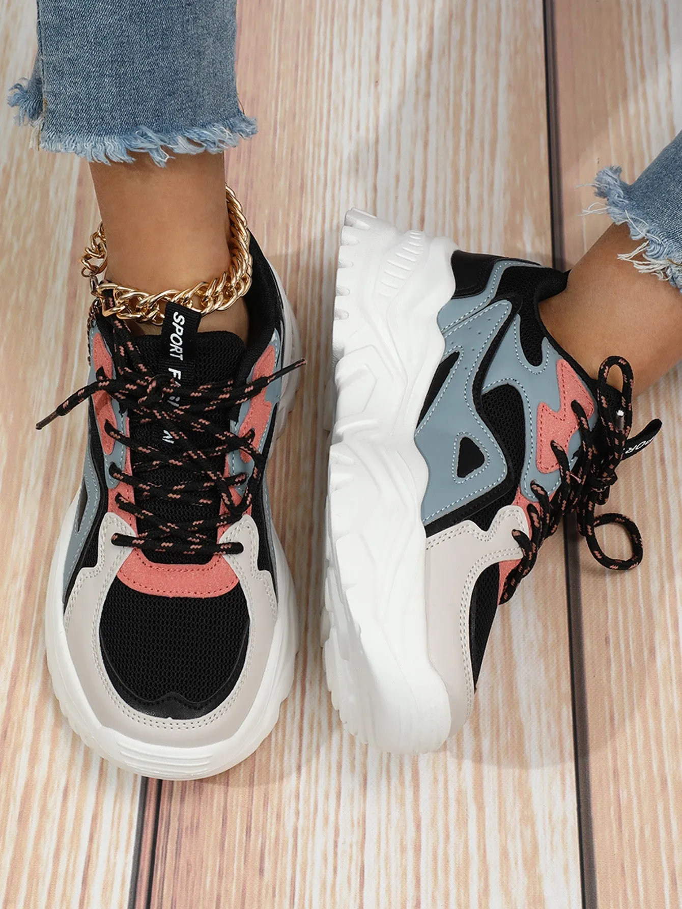 Color Block Lace-up Front Chunky Sneakers
