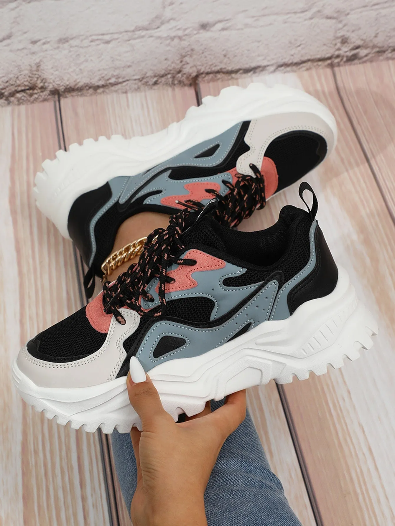 Color Block Lace-up Front Chunky Sneakers