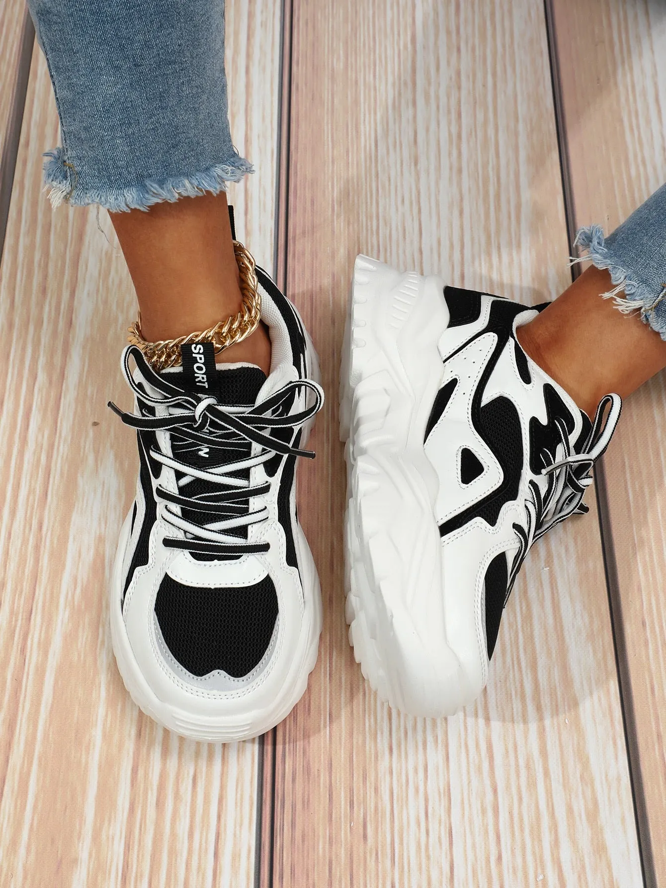 Color Block Lace-up Front Chunky Sneakers