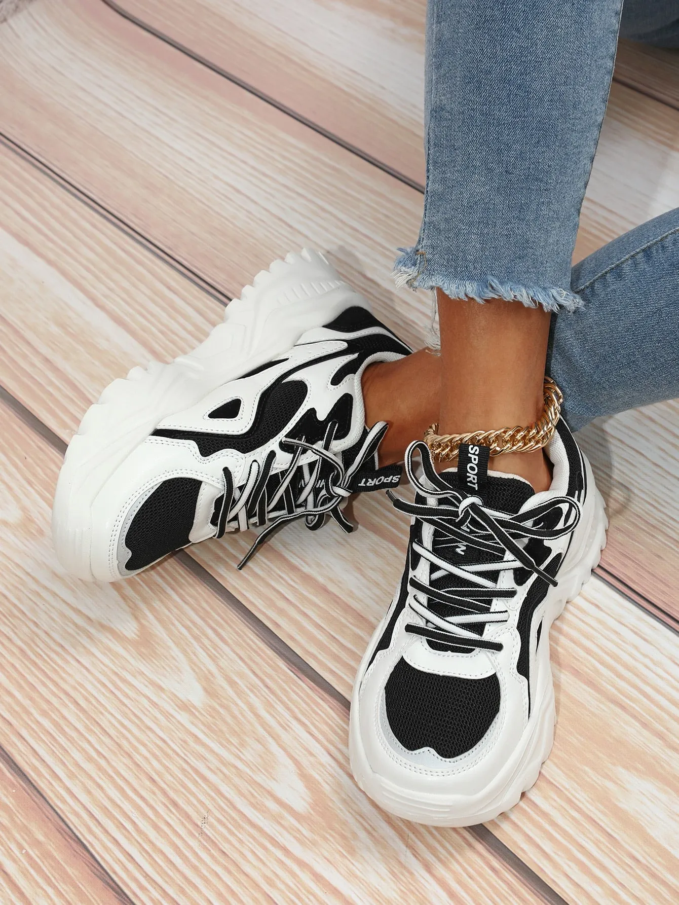 Color Block Lace-up Front Chunky Sneakers