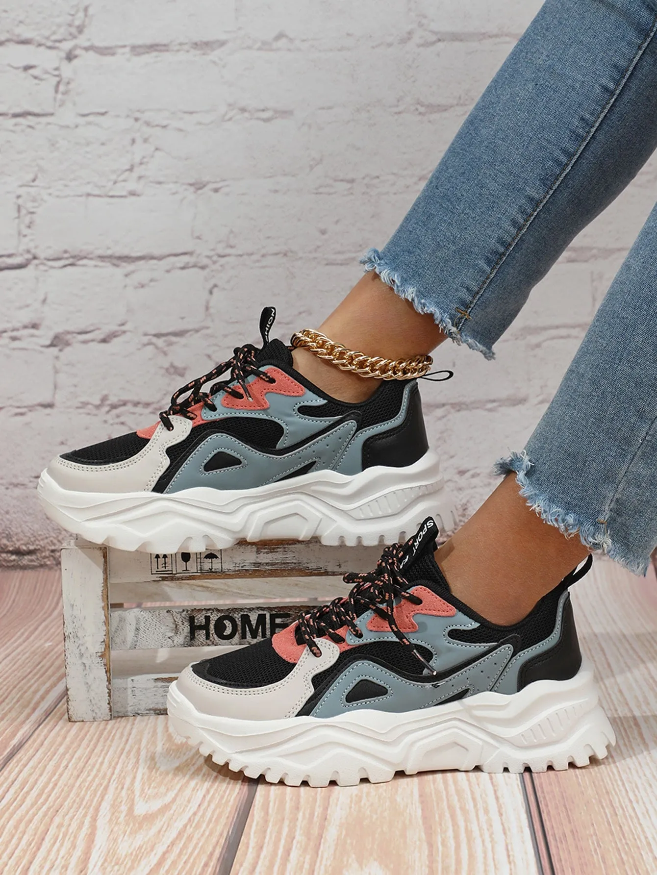 Color Block Lace-up Front Chunky Sneakers