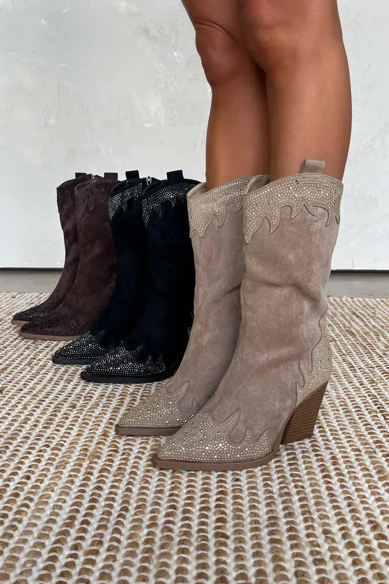 JACKSON Diamanté Detail Cowboy Western Boots - Beige