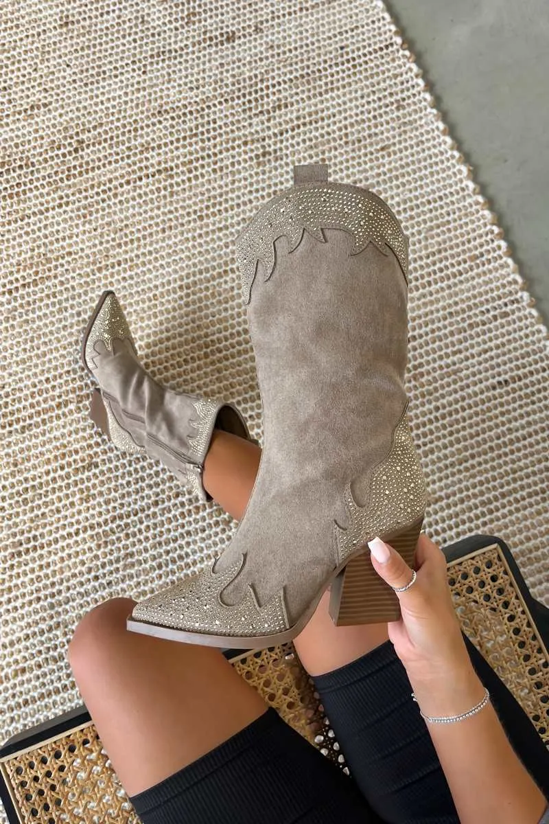 JACKSON Diamanté Detail Cowboy Western Boots - Beige