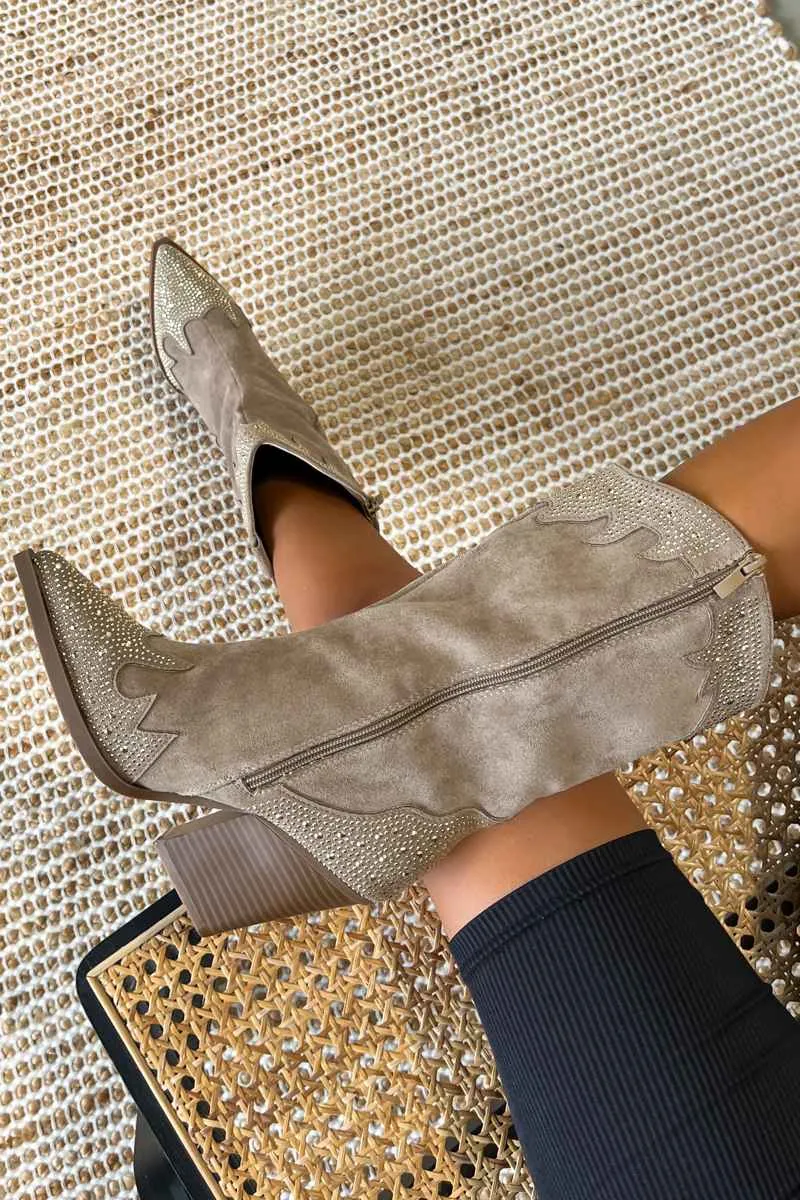 JACKSON Diamanté Detail Cowboy Western Boots - Beige