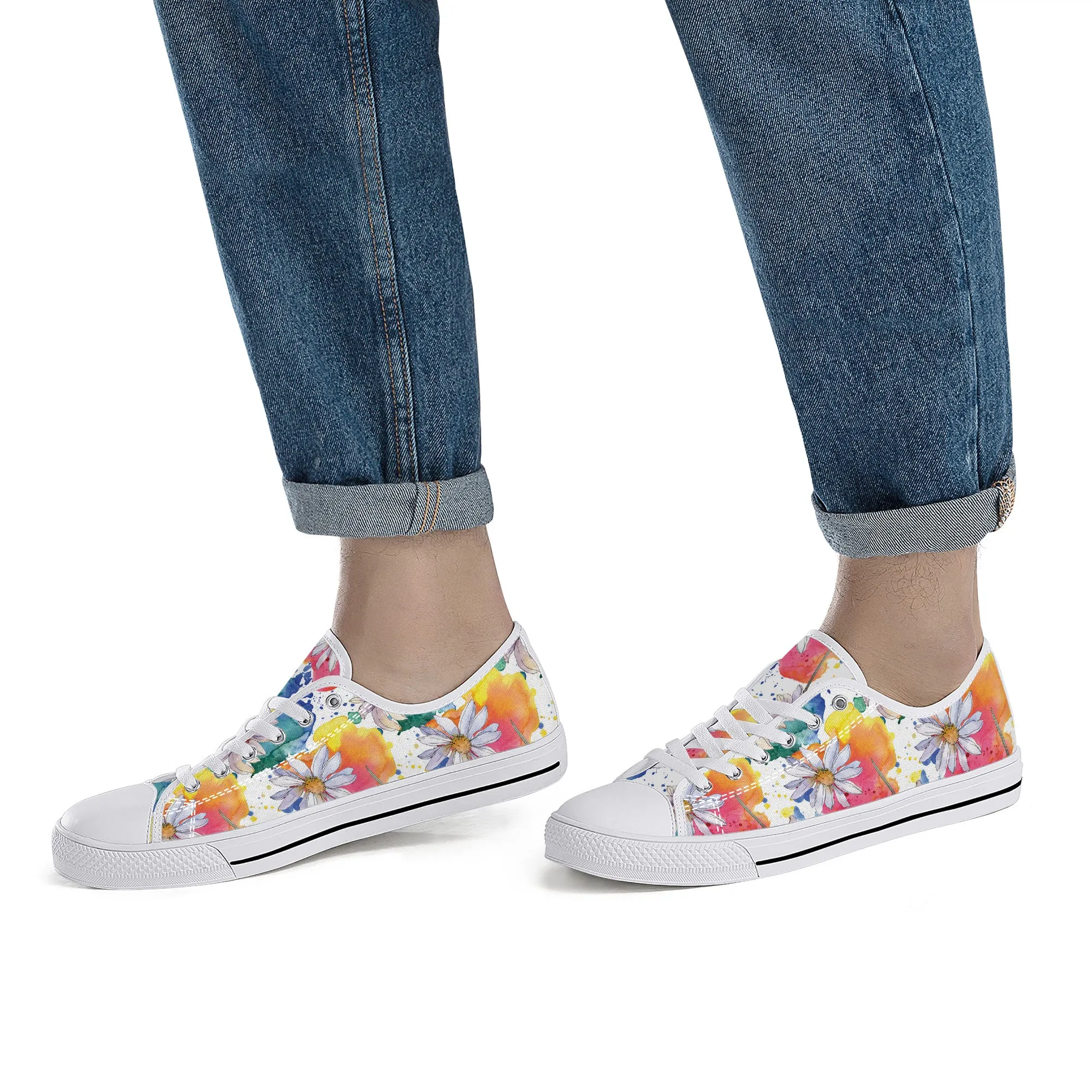 Lively Blooms of Vibrant Daisies Painted in Watercolor Canvas Sneakers