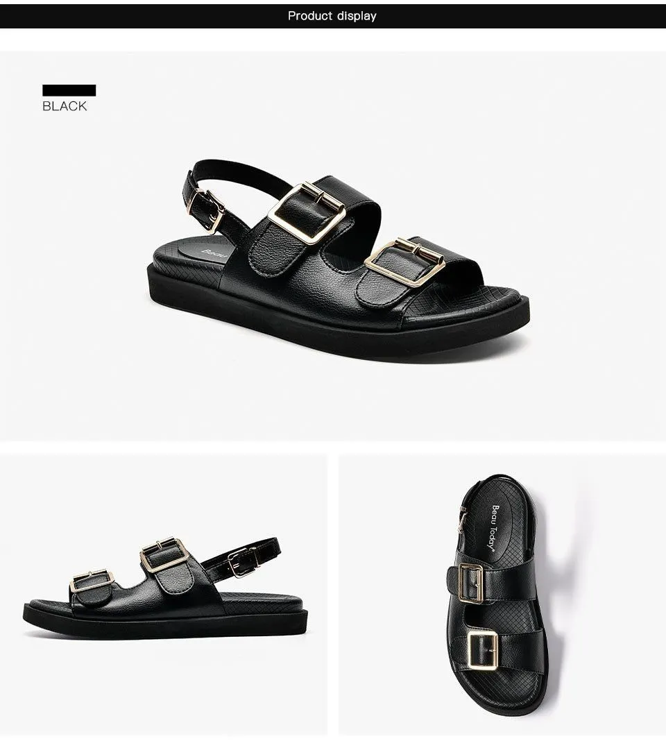Sandals Women Genuine Leather Ankle Buckle Strap Summer Ladies Low Heel Shoes