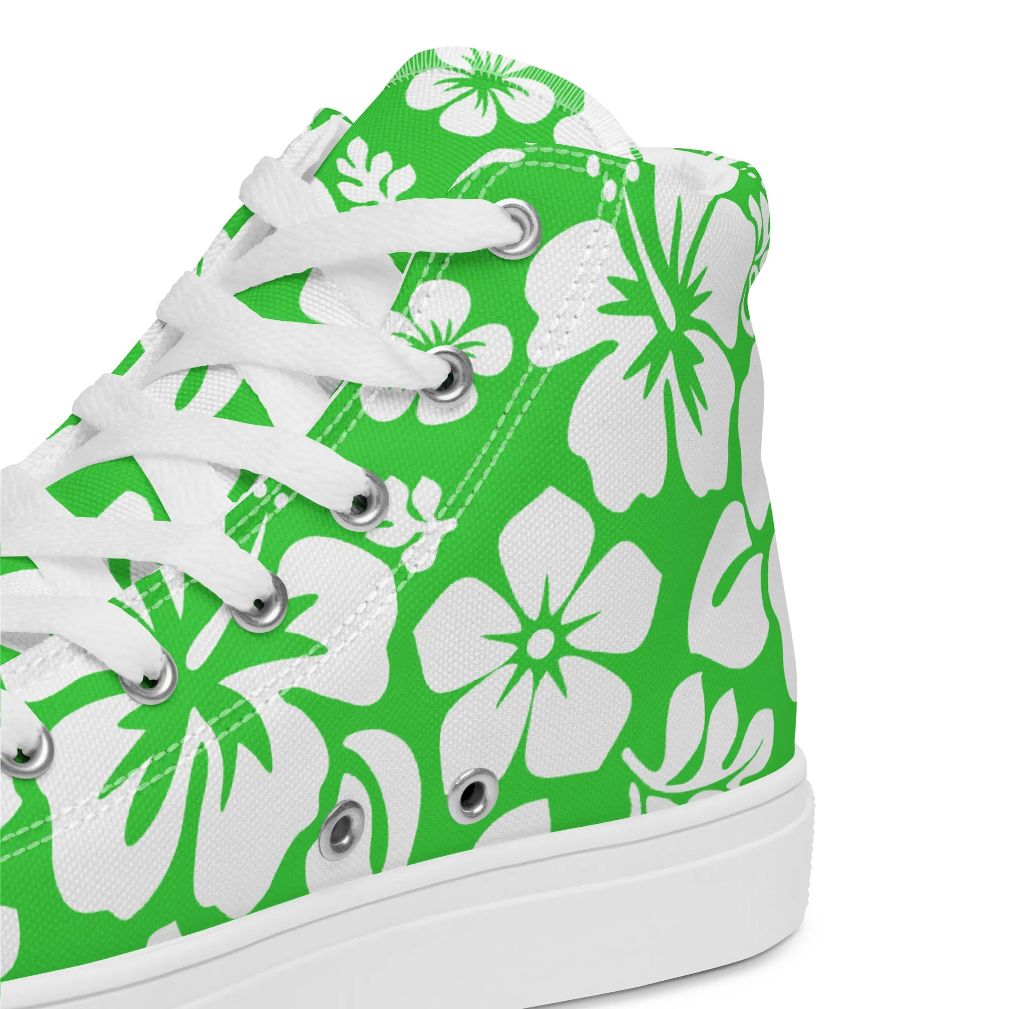 Women's Lime Green and White Hawaiian Print High Top Canvas Shoes