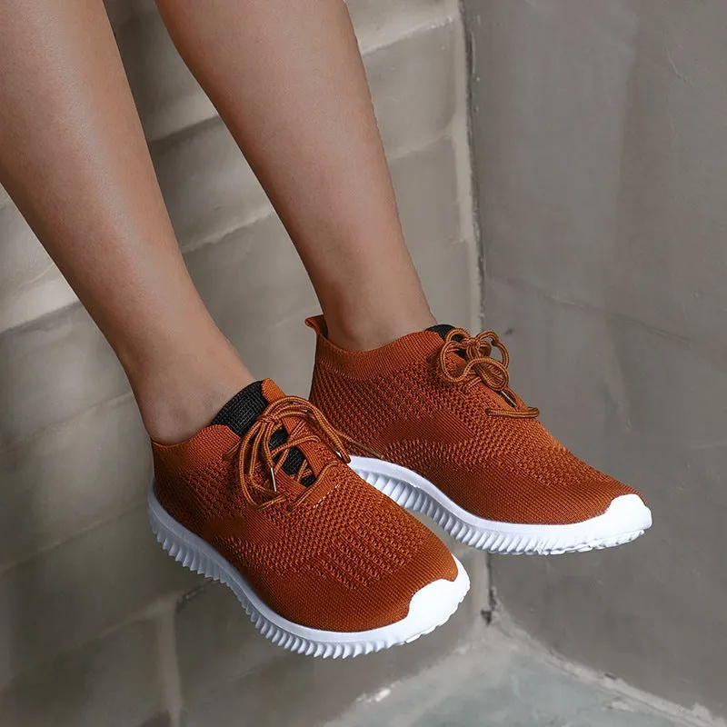 Women's stretchy flyknit breathable lace-up sneakers summer sports running shoes