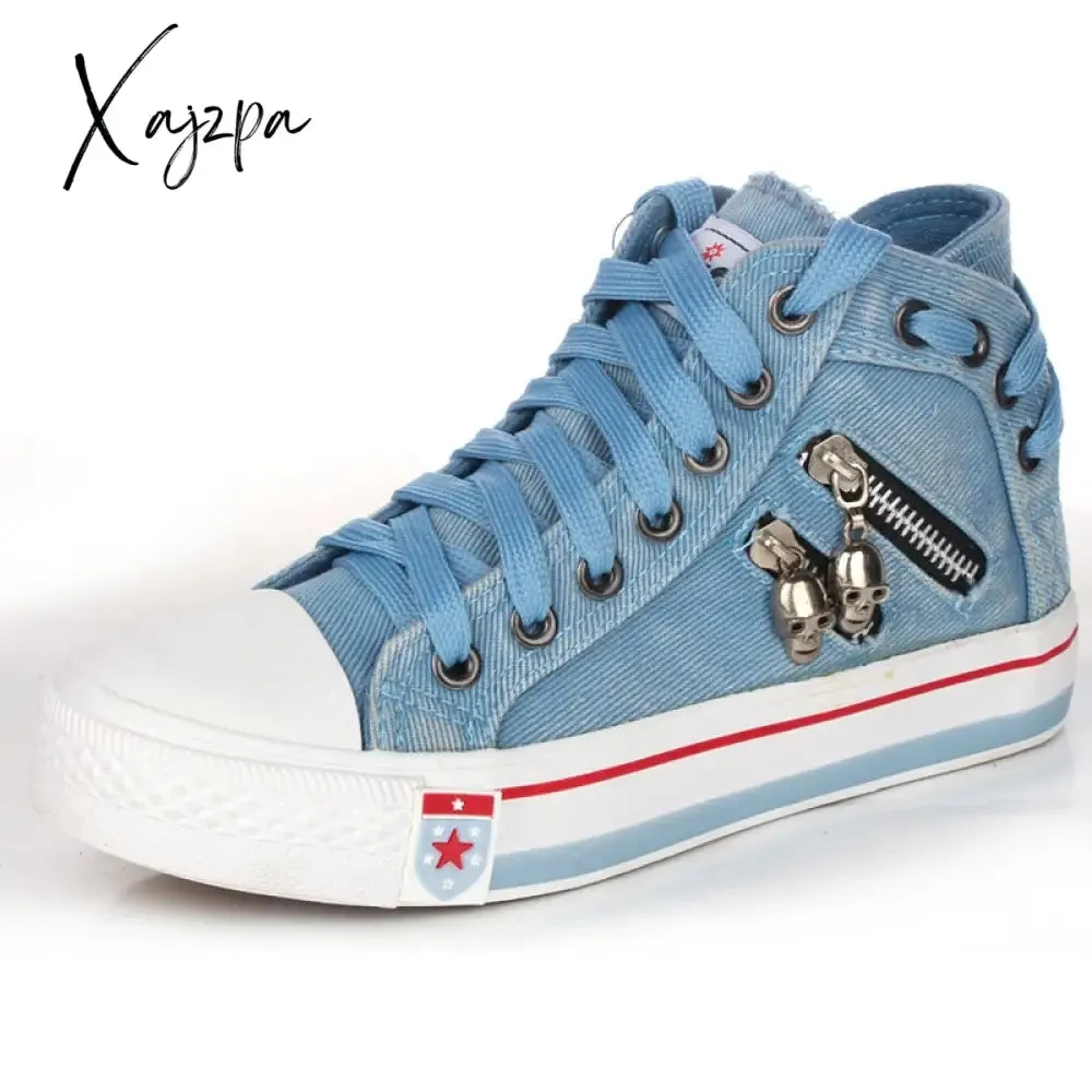 Xajzpa - Shoes Women Canvas Chic High Top Denim Leisure Footwear Womens All-match Flat Zipper Walk In Ladies Breathable flat shoes