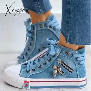 Xajzpa - Shoes Women Canvas Chic High Top Denim Leisure Footwear Womens All-match Flat Zipper Walk In Ladies Breathable flat shoes